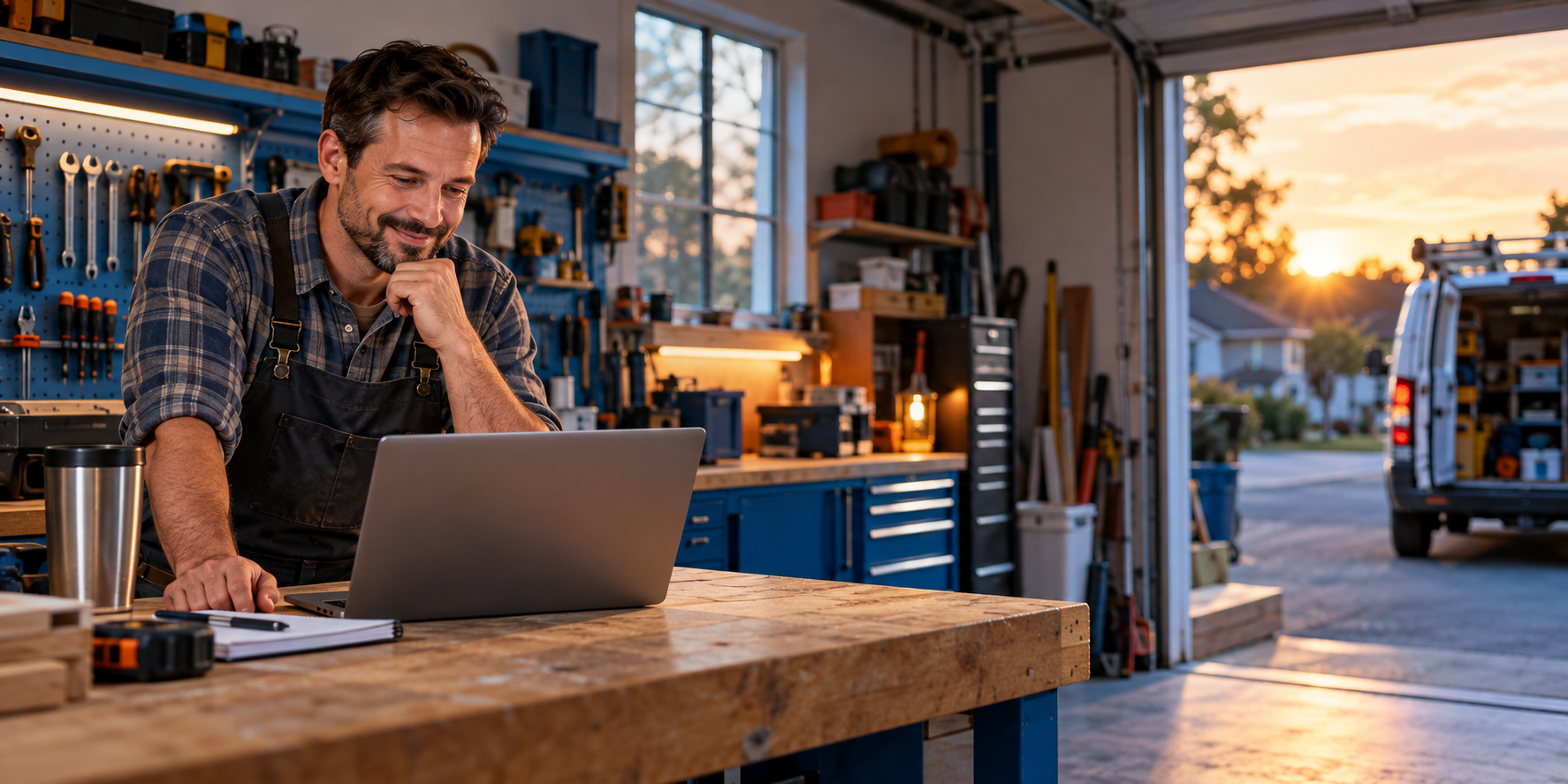 A contractor smiling while reviewing his organized business workspace