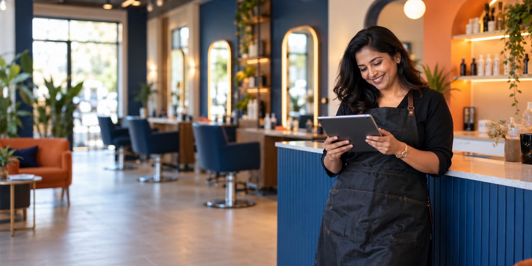 A salon owner happily checking her business progress